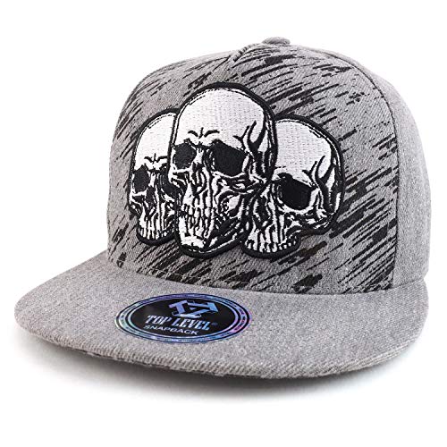 Trendy Apparel Shop Three Skull Embroidered Flatbill Cotton Snapback Cap