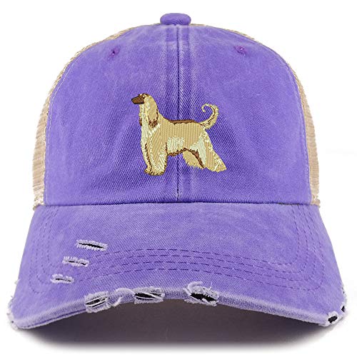 Trendy Apparel Shop Afghan Hound Dog Embroidered Frayed Bill Trucker Mesh Back Cap