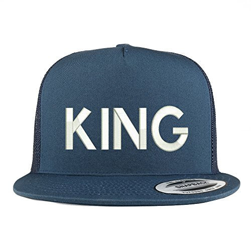 Trendy Apparel Shop King Embroidered 5 Panel Flat Bill Trucker Mesh Back Cap