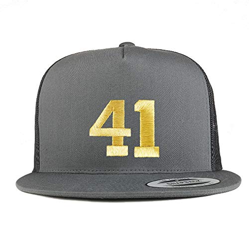 Trendy Apparel Shop Number 41 Gold Thread Embroidered Flat Bill 5 Panel Trucker Cap