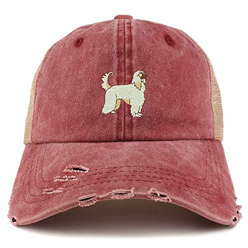 Trendy Apparel Shop Afghan Dog Embroidered Frayed Bill Trucker Mesh Back Cap