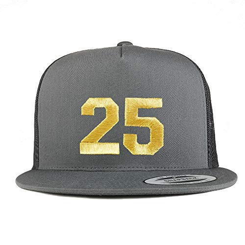 Trendy Apparel Shop Number 25 Gold Thread Embroidered Flat Bill 5 Panel Trucker Cap