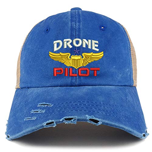 Trendy Apparel Shop Drone Pilot Aviation Wing Embroidered Frayed Bill Trucker Mesh Back Cap