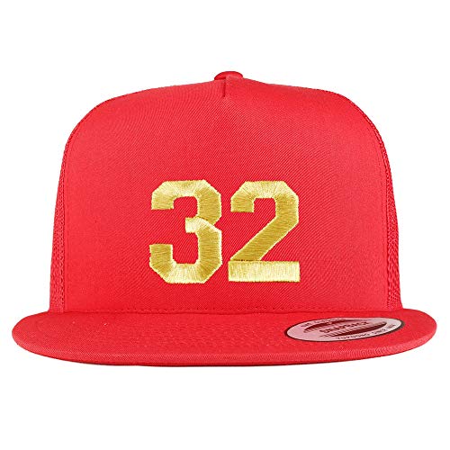 Trendy Apparel Shop Number 32 Gold Thread Embroidered Flat Bill 5 Panel Trucker Cap