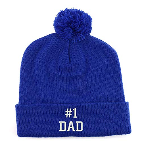 Trendy Apparel Shop Number #1 Dad Embroidered Solid Winter Cuff Beanie Hat with Pom Pom