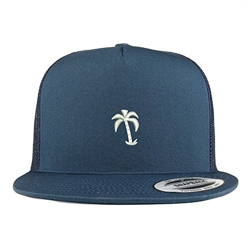 Trendy Apparel Shop Palm Tree Solid White Embroidered 5 Panel Flat Bill Trucker Mesh Back Cap