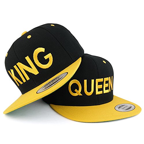 Trendy Apparel Shop King and Queen Two Tone Embroidered Flat Bill Snapback Cap - 2pc Set