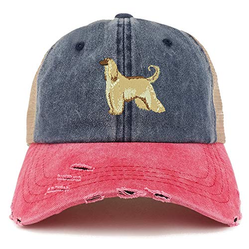 Trendy Apparel Shop Afghan Hound Dog Embroidered Frayed Bill Trucker Mesh Back Cap