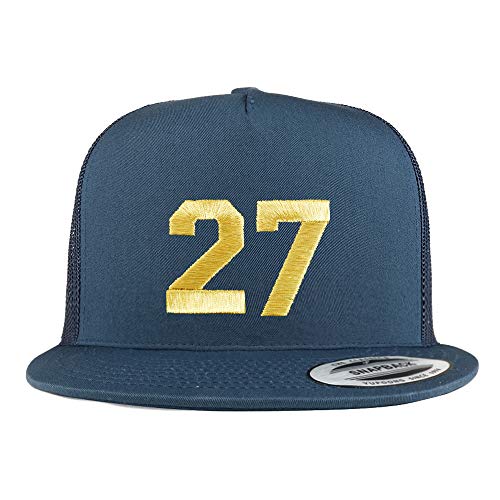 Trendy Apparel Shop Number 27 Gold Thread Embroidered Flat Bill 5 Panel Trucker Cap