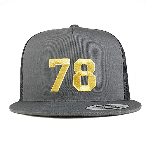 Trendy Apparel Shop Number 78 Gold Thread Embroidered Flat Bill 5 Panel Trucker Cap