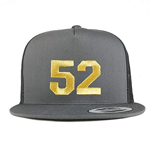 Trendy Apparel Shop Number 52 Gold Thread Embroidered Flat Bill 5 Panel Trucker Cap