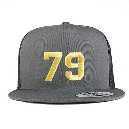 Trendy Apparel Shop Number 79 Gold Thread Embroidered Flat Bill 5 Panel Trucker Cap