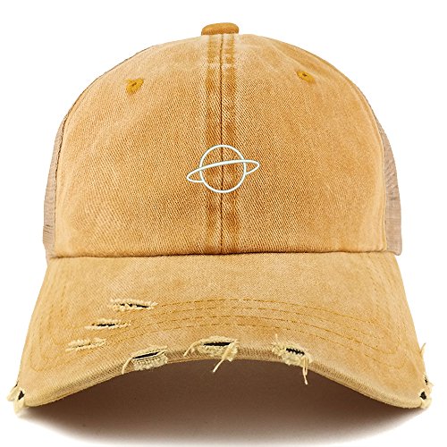 Trendy Apparel Shop Planet Embroidered Frayed Bill Trucker Mesh Back Cap