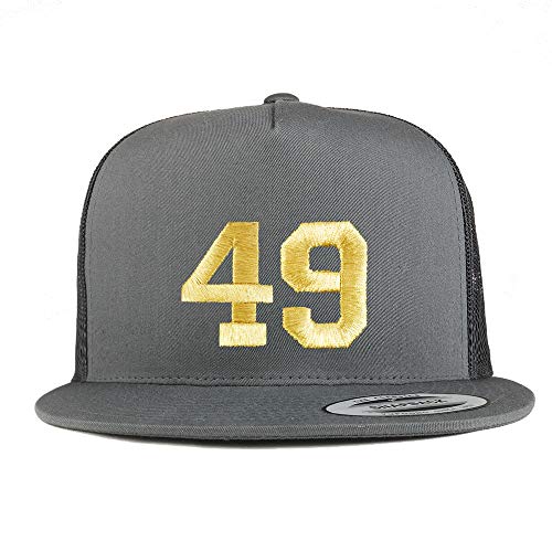 Trendy Apparel Shop Number 49 Gold Thread Embroidered Flat Bill 5 Panel Trucker Cap