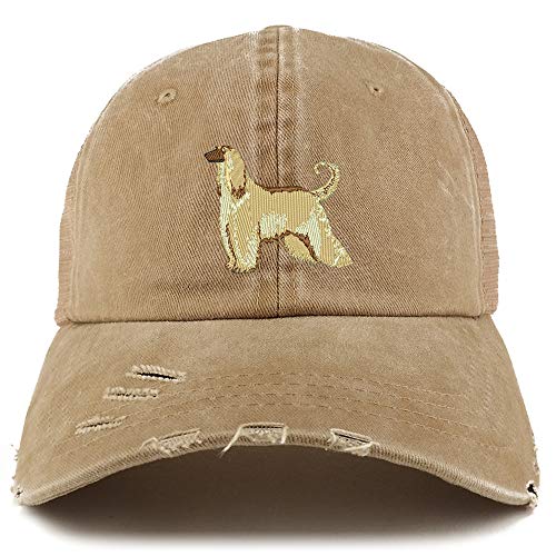 Trendy Apparel Shop Afghan Hound Dog Embroidered Frayed Bill Trucker Mesh Back Cap