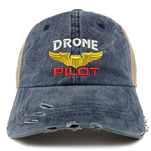 Trendy Apparel Shop Drone Pilot Aviation Wing Embroidered Frayed Bill Trucker Mesh Back Cap