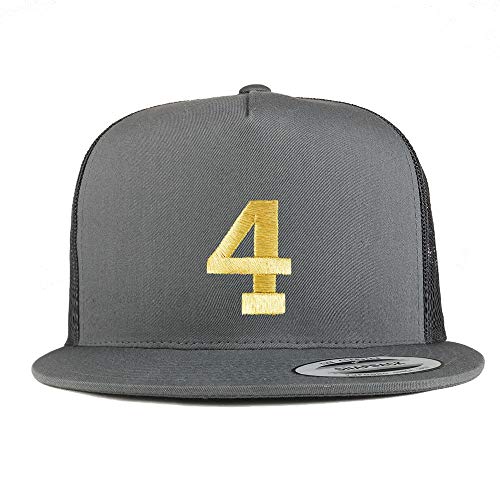 Trendy Apparel Shop Number 4 Gold Thread Embroidered Flat Bill 5 Panel Trucker Cap