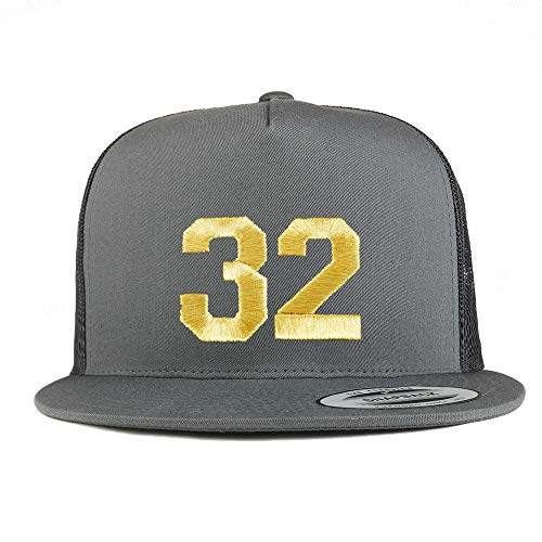 Trendy Apparel Shop Number 32 Gold Thread Embroidered Flat Bill 5 Panel Trucker Cap