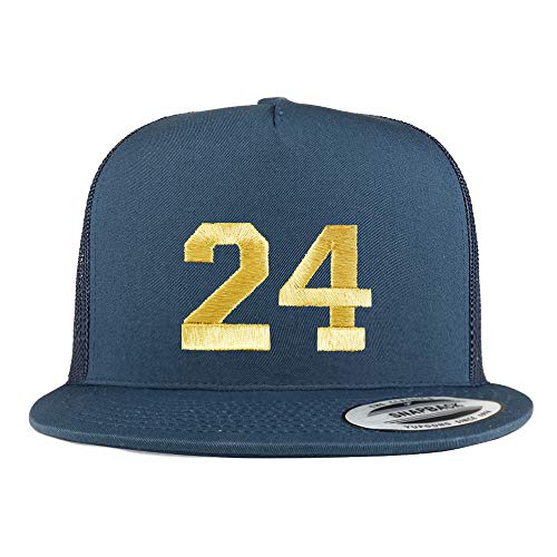 Trendy Apparel Shop Number 24 Gold Thread Embroidered Flat Bill 5 Panel Trucker Cap