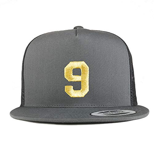 Trendy Apparel Shop Number 9 Gold Thread Embroidered Flat Bill 5 Panel Trucker Cap