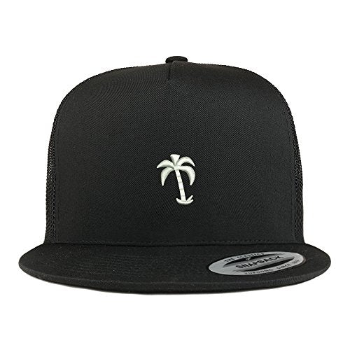 Trendy Apparel Shop Palm Tree Solid White Embroidered 5 Panel Flat Bill Trucker Mesh Back Cap