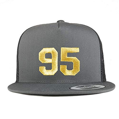 Trendy Apparel Shop Number 95 Gold Thread Embroidered Flat Bill 5 Panel Trucker Cap