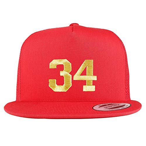 Trendy Apparel Shop Number 34 Gold Thread Embroidered Flat Bill 5 Panel Trucker Cap