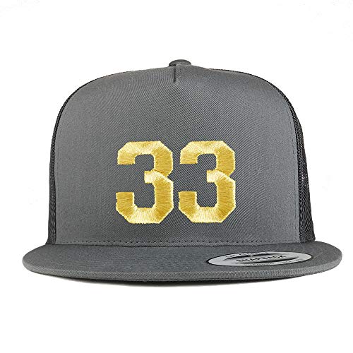 Trendy Apparel Shop Number 33 Gold Thread Embroidered Flat Bill 5 Panel Trucker Cap