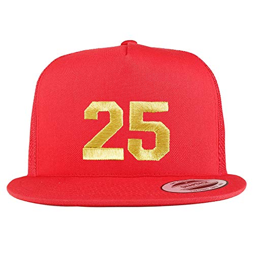 Trendy Apparel Shop Number 25 Gold Thread Embroidered Flat Bill 5 Panel Trucker Cap