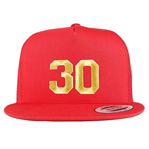 Trendy Apparel Shop Number 30 Gold Thread Embroidered Flat Bill 5 Panel Trucker Cap