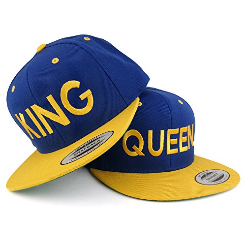 Trendy Apparel Shop King and Queen Two Tone Embroidered Flat Bill Snapback Cap - 2pc Set