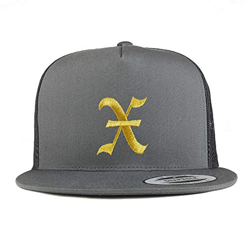 Trendy Apparel Shop Old English Gold X Embroidered 5 Panel Flatbill Trucker Mesh Cap