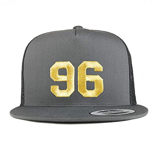 Trendy Apparel Shop Number 96 Gold Thread Embroidered Flat Bill 5 Panel Trucker Cap