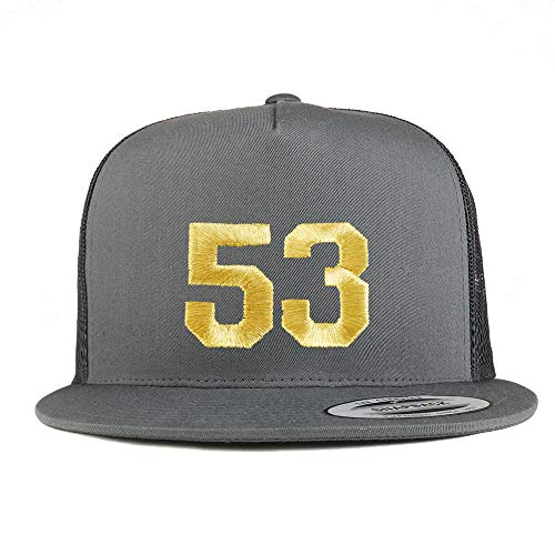 Trendy Apparel Shop Number 53 Gold Thread Embroidered Flat Bill 5 Panel Trucker Cap