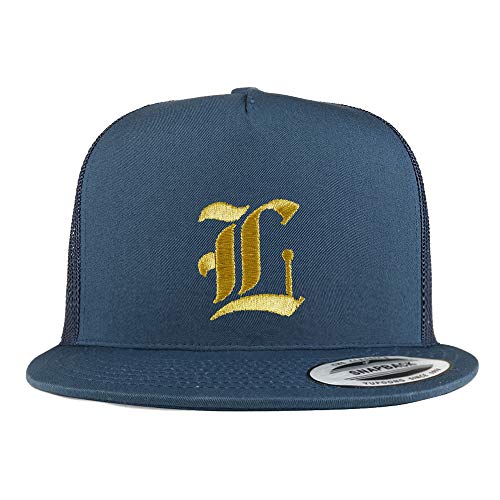 Trendy Apparel Shop Old English Gold L Embroidered 5 Panel Flatbill Trucker Mesh Cap