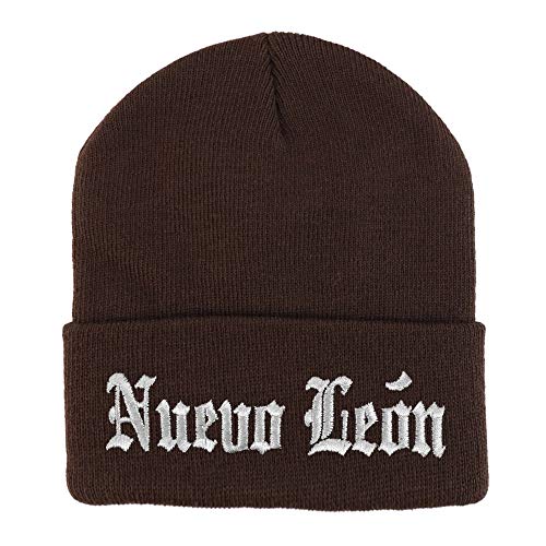 Trendy Apparel Shop Old English Nuevo Leon White Embroidered Acrylic Knit Beanie Cap