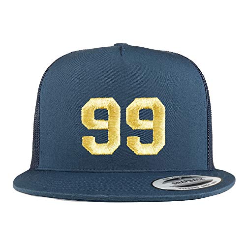 Trendy Apparel Shop Number 99 Gold Thread Embroidered Flat Bill 5 Panel Trucker Cap