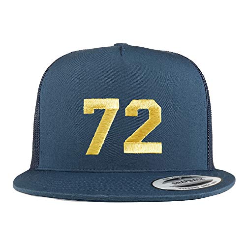 Trendy Apparel Shop Number 72 Gold Thread Embroidered Flat Bill 5 Panel Trucker Cap