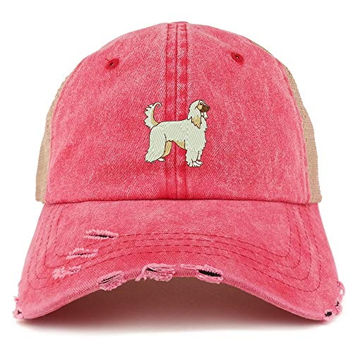 Trendy Apparel Shop Afghan Dog Embroidered Frayed Bill Trucker Mesh Back Cap