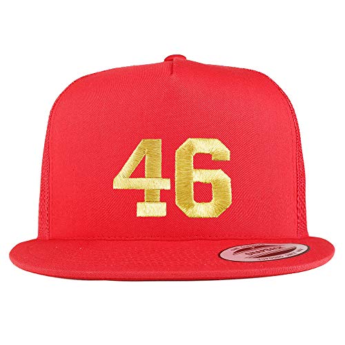 Trendy Apparel Shop Number 46 Gold Thread Embroidered Flat Bill 5 Panel Trucker Cap