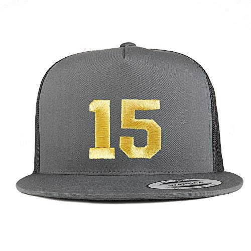 Trendy Apparel Shop Number 15 Gold Thread Embroidered Flat Bill 5 Panel Trucker Cap