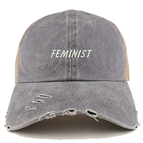 Trendy Apparel Shop Feminist Embroidered Frayed Bill Trucker Mesh Back Cap