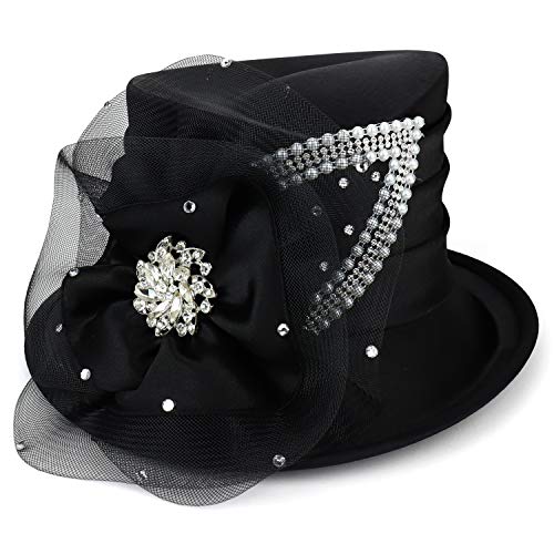 Trendy Apparel Shop Pearl Stone Brooch Satin Rosette Dress Church Hat