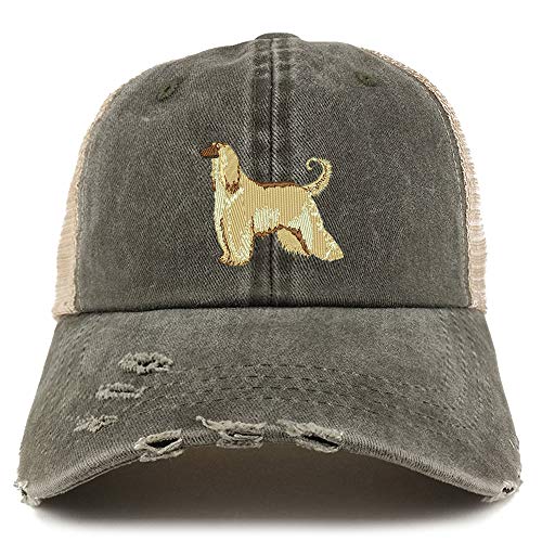 Trendy Apparel Shop Afghan Hound Dog Embroidered Frayed Bill Trucker Mesh Back Cap