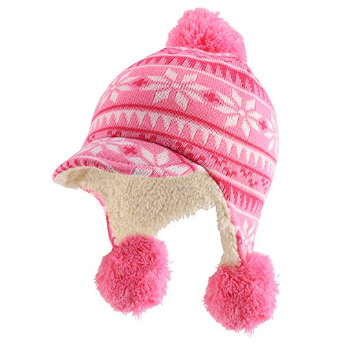 Trendy Apparel Shop Youth Size Girl's Winter Print Poms Accent Brim Trapper Hat