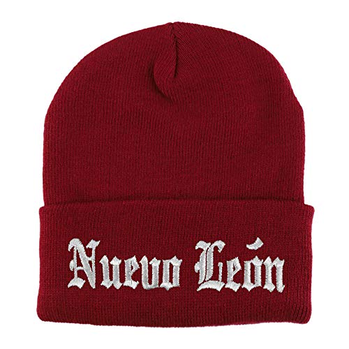 Trendy Apparel Shop Old English Nuevo Leon White Embroidered Acrylic Knit Beanie Cap