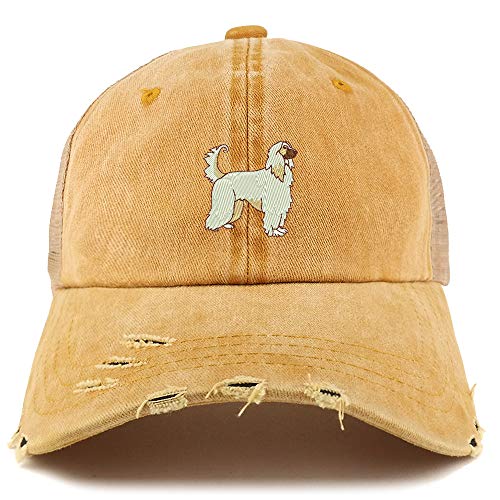 Trendy Apparel Shop Afghan Dog Embroidered Frayed Bill Trucker Mesh Back Cap