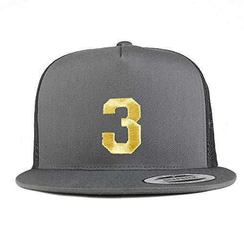 Trendy Apparel Shop Number 3 Gold Thread Embroidered Flat Bill 5 Panel Trucker Cap