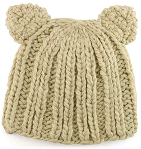 Trendy Apparel Shop Youth Size Girl's Kitten Ears Accent Ribbed Knit Beanie Cap - Beige - Youth