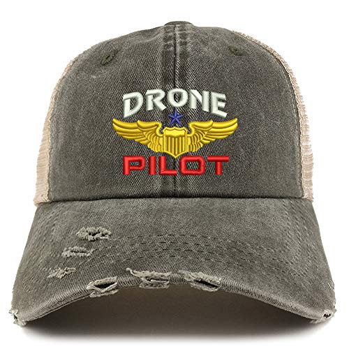 Trendy Apparel Shop Drone Pilot Aviation Wing Embroidered Frayed Bill Trucker Mesh Back Cap